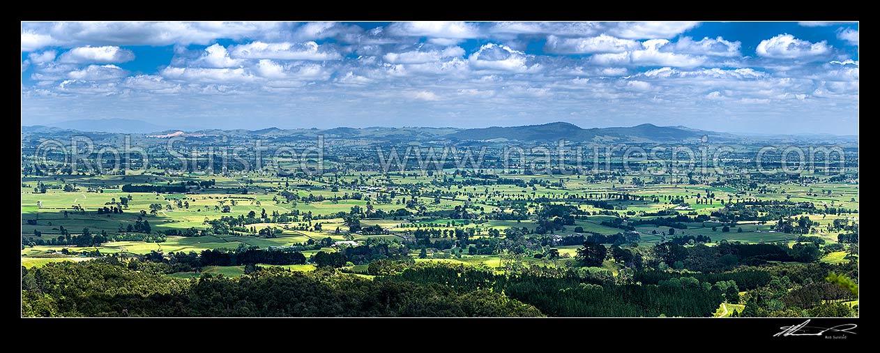 Image of Waikato Plains and farmland near Matamata, seen from the Kaimai Mamaku Ranges. Panorama, Kaimai Range, Matamata-Piako District, Waikato Region, New Zealand (NZ) stock photo image