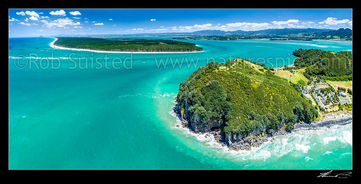 Image of Bowentown Heads at Katikati entrance of Tauranga Harbour. Te Ho Pa site, historic Maori Pa (right) and trig on Eastern Hill, Bowentown campground right. Matakana Island top left. Aerial panorama, Bowentown, Waihi Beach, Western Bay of Plenty District, Bay of Plenty Region, New Zealand (NZ) stock photo image