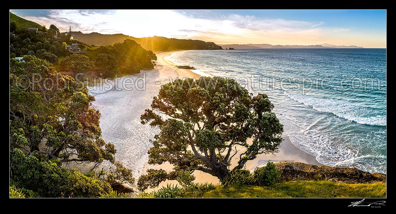 Image of Otama Beach sunset, looking along Otama Beach to Motuhua Point. Summertime panorama, Otama Beach, Coromandel Peninsula, Thames-Coromandel District, Waikato Region, New Zealand (NZ) stock photo image