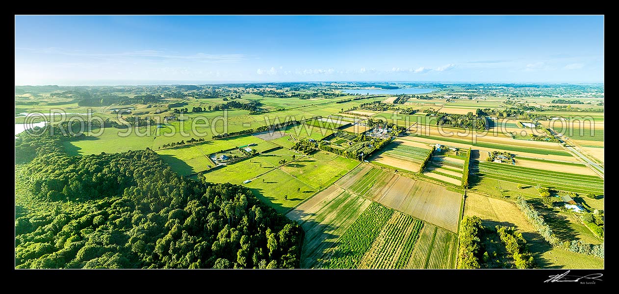 Image of Horowhenua Plains mosaic of land use, from tradition farming to intensive market gardening, cropping and protected native forest ecosystem. Lake Horowhenua and Levin town behind. Aerial panorama. Lake Papaitonga, Levin, Horowhenua District, Manawatu-Wanganui Region, New Zealand (NZ) stock photo image