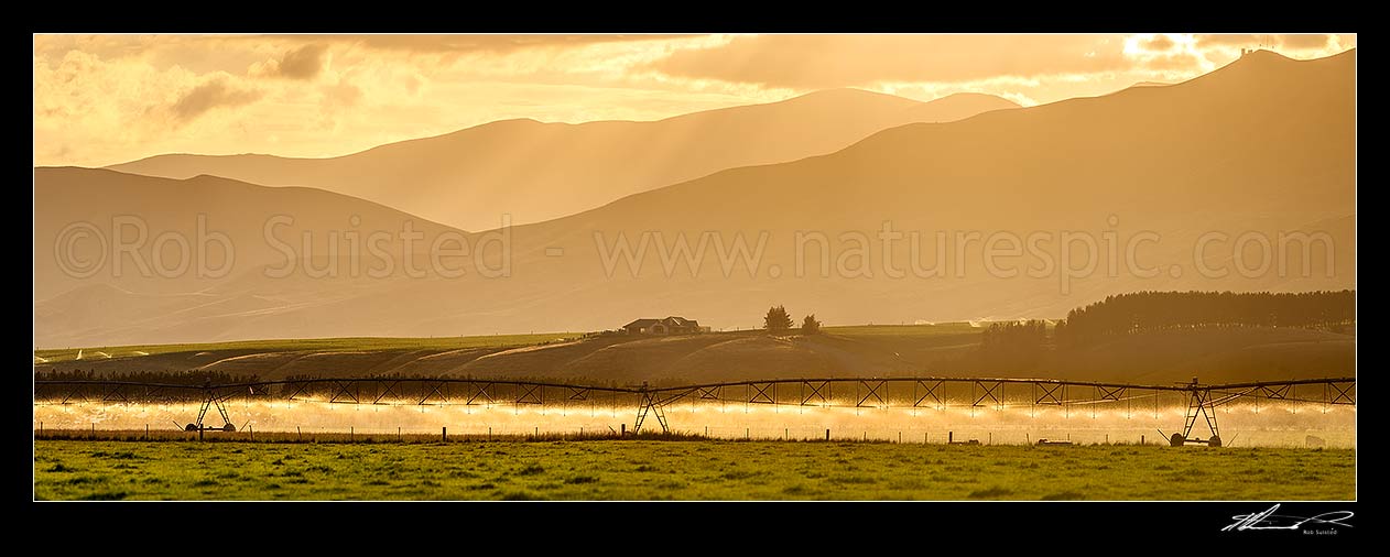 Image of Pivot Irrigator irrigating in the MacKenzie Basin high country at sunset. Panorama, Omarama, MacKenzie District, Canterbury Region, New Zealand (NZ) stock photo image