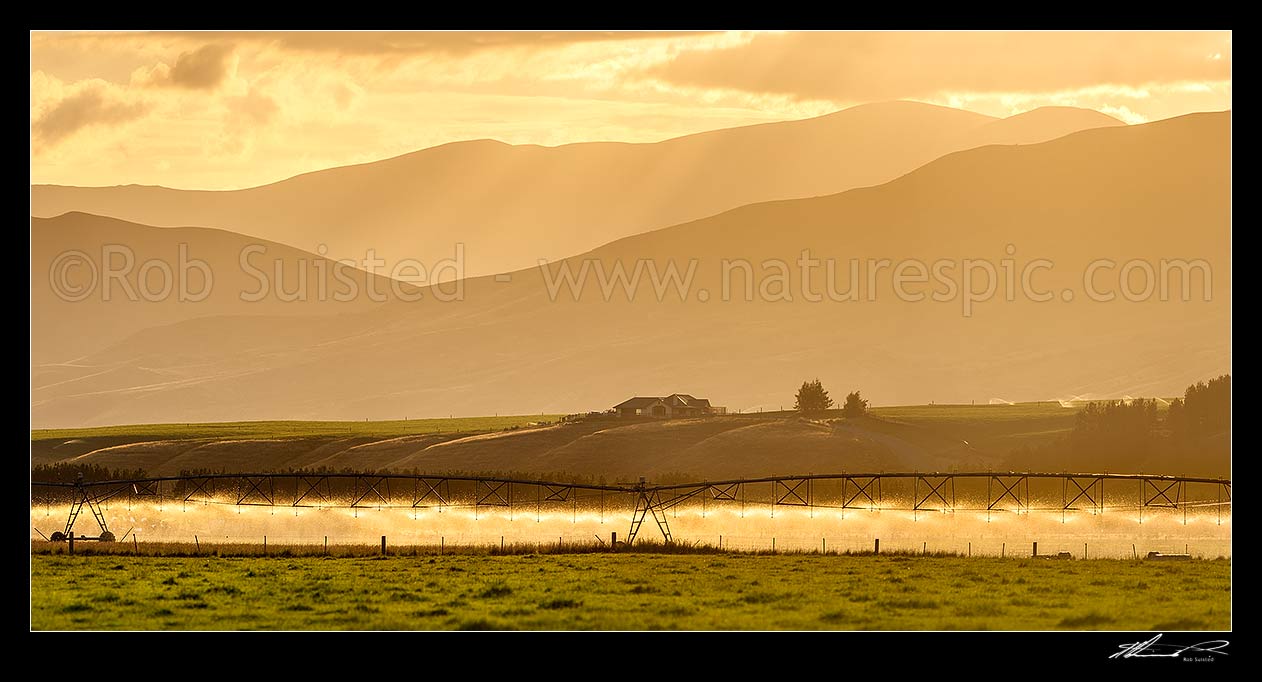 Image of Pivot Irrigator irrigating in the MacKenzie Basin high country at sunset. Panorama, Omarama, MacKenzie District, Canterbury Region, New Zealand (NZ) stock photo image