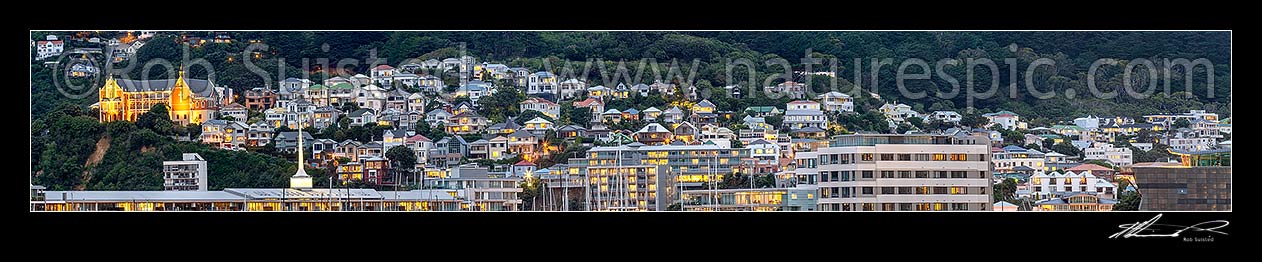 Image of Wellington City panorama of houses perched on the Mount Victoria Roseneath hillside above the harbour and Oriental Bay, at twilight. St Gerards Monastry left. Panorama, Wellington, Wellington City District, Wellington Region, New Zealand (NZ) stock photo image