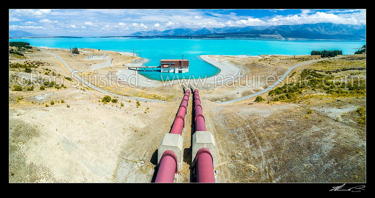 Image of Tekapo B (Pukaki) power station for hydroelectric power generation, fed by penstocks from the Tekapo Canal into Lake Pukaki, MacKenzie Basin. Aerial view, Lake Pukaki, MacKenzie District, Canterbury Region, New Zealand (NZ) stock photo image