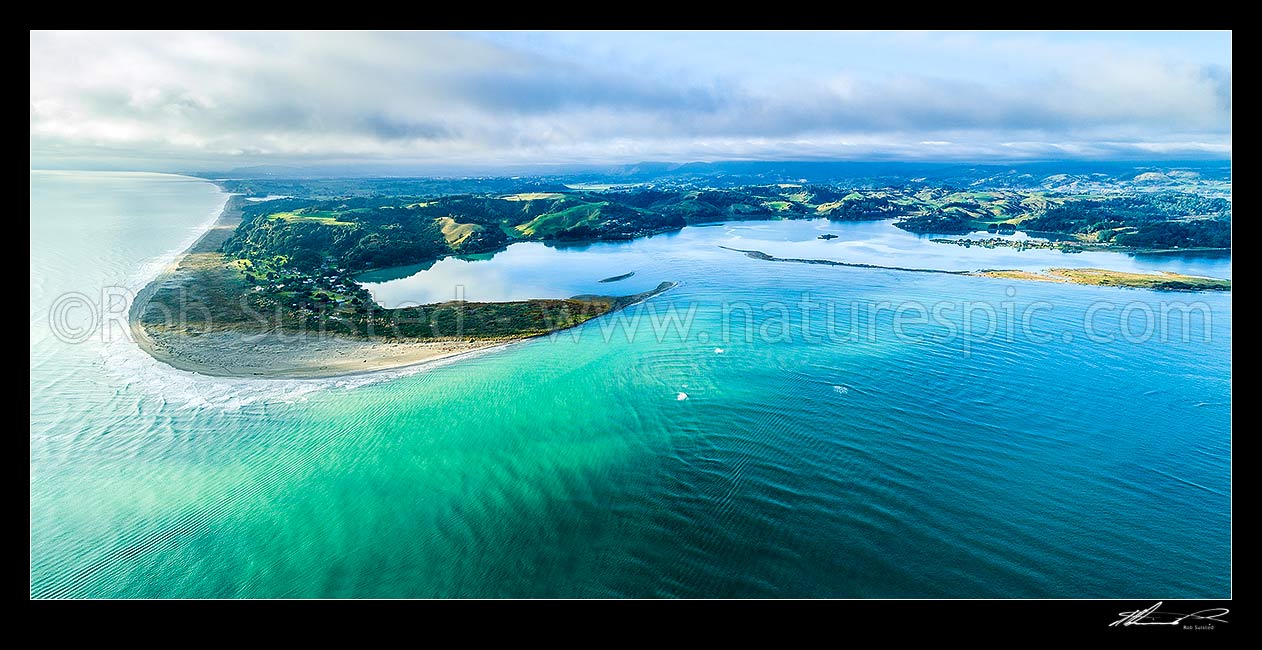 Image of Ohiwa Harbour mouth, looking east over Ohiwa. Whangakopikopiko Island right. Aerial panorama, Ohope, Bay of Plenty, Western Bay of Plenty District, Bay of Plenty Region, New Zealand (NZ) stock photo image