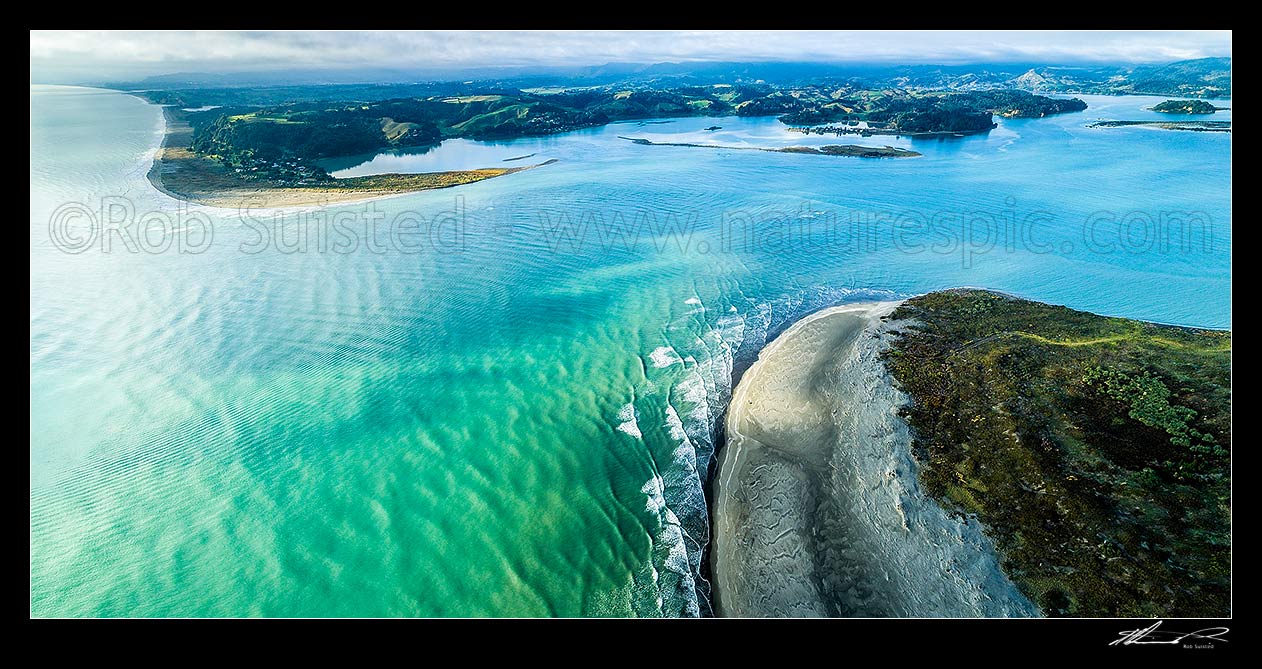 Image of Ohiwa Harbour mouth, looking east over Ohiwa. Whangakopikopiko Island centre. Aerial panorama, Ohope, Bay of Plenty, Western Bay of Plenty District, Bay of Plenty Region, New Zealand (NZ) stock photo image