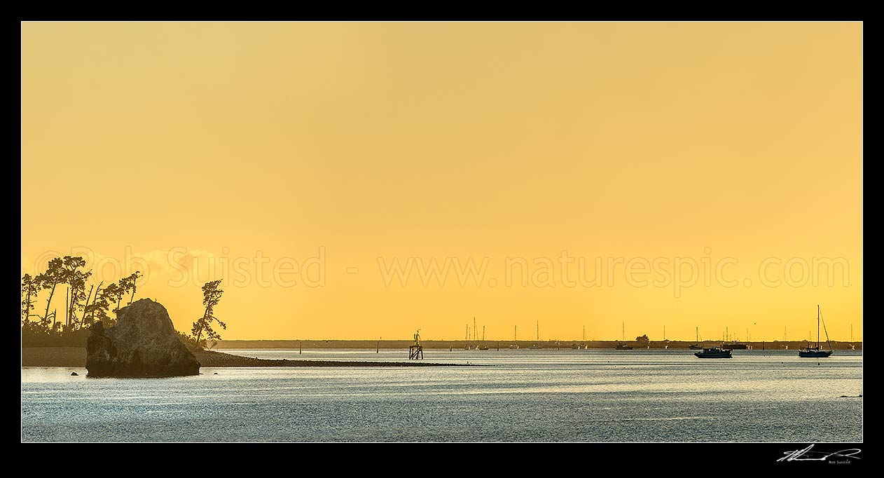 Image of Port Nelson and Nelson Haven at dawn on a calm autumn morning. Haulashore Island at left. Panorama, Nelson, Nelson City District, Nelson Region, New Zealand (NZ) stock photo image