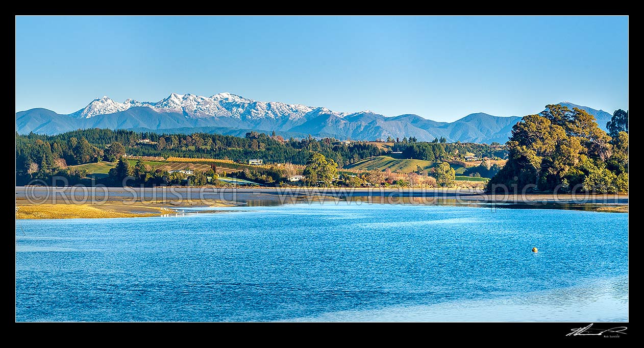 Image of Waimea Inlet at low tide at Mapua. Kahurangi National Park and Arthur Range beyond. Panorama, Mapua, Tasman District, Tasman Region, New Zealand (NZ) stock photo image