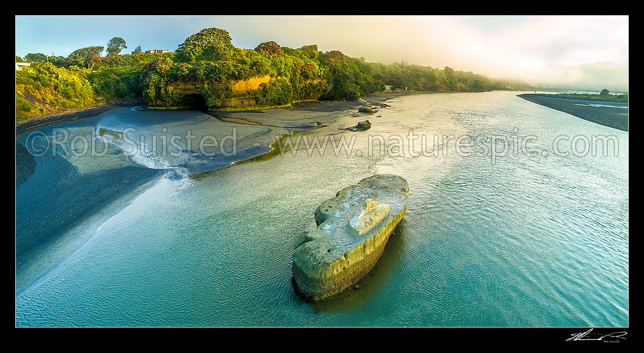 Image of Mokau River and town, as morning mist hangs over the estuary at sunrise. North Taranaki. Aerial panorama, Mokau, Waitomo District, Waikato Region, New Zealand (NZ) stock photo image