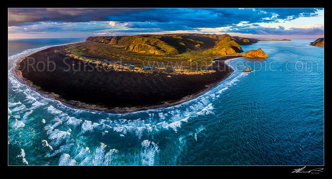 Image of Whatipu Beach and Manukau Harbour entrance. Ninepin Rock, Paratutae Island and Cornwallis Peninula centre right, South Head far right. Aerial panorama, Whatipu Beach, Waitakere City District, Auckland Region, New Zealand (NZ) stock photo image