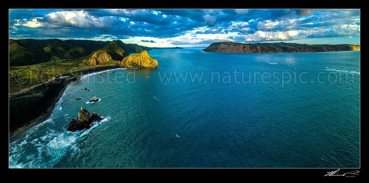 Image of Manukau Harbour entrance, with Waitakere Regional Park, Whatipu Beach, Ninepin Rock and Paratutae Island at left, Awhitu Peninsula South Head at right. Aerial panorama, Whatipu Beach, Waitakere City District, Auckland Region, New Zealand (NZ) stock photo image