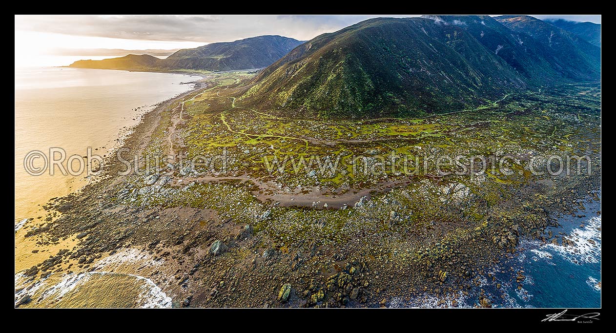 Image of Turakirae Head Scientific Reserve earthquake raised beach ridges. Four dated at present day, 1855, 2330 years ago, and 5000 years ago. Baring Head at left. Aerial panorama, Turakirae Head, Hutt City District, Wellington Region, New Zealand (NZ) stock photo image