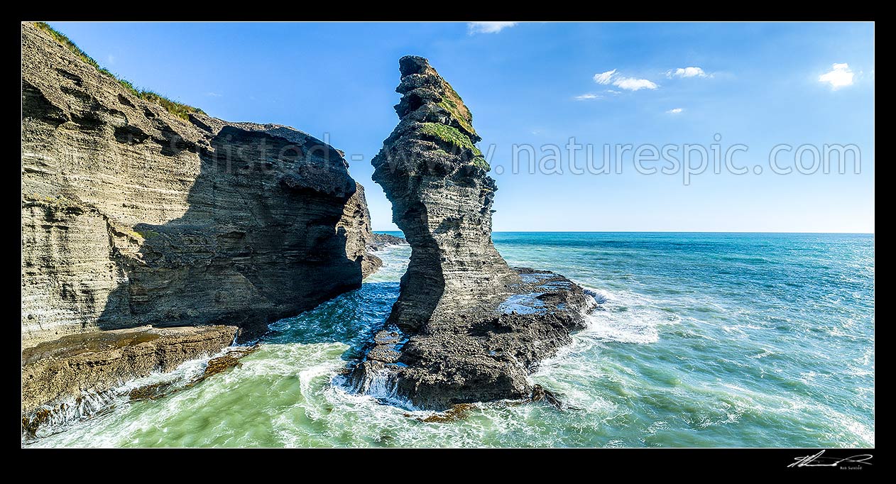 Image of Nun Rock spire at the north end of Piha Beach, beside Taitomo Island. Aerial panorama, Piha Beach, Waitakere City District, Auckland Region, New Zealand (NZ) stock photo image