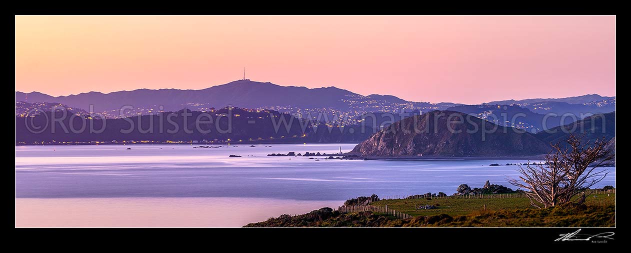 Image of Wellington City and Wellington Harbour entrance, seen from Baring Head East Harbour Regional Park. Pencarrow Head lighthouses centre. Mt Kaukau above. Evening panorama, Baring Head, Hutt City District, Wellington Region, New Zealand (NZ) stock photo image