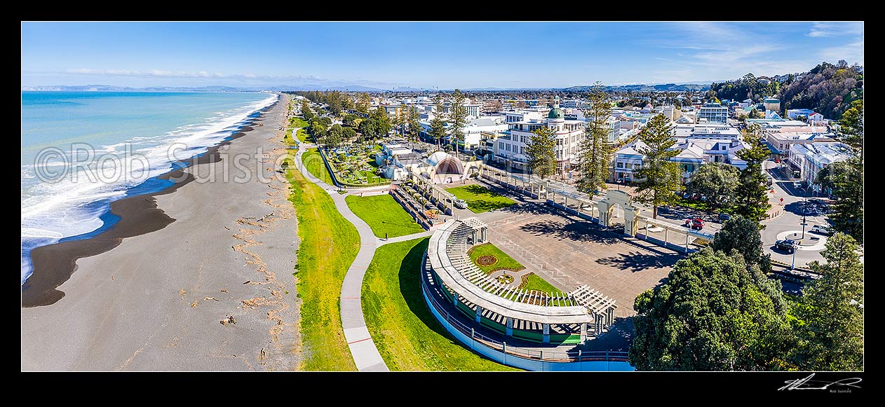 Image of Napier foreshore and Marine Parade, with landmarks inlcuding the Soundshell and T&G Building behind. Aerial panorama, Napier, Napier City District, Hawke's Bay Region, New Zealand (NZ) stock photo image