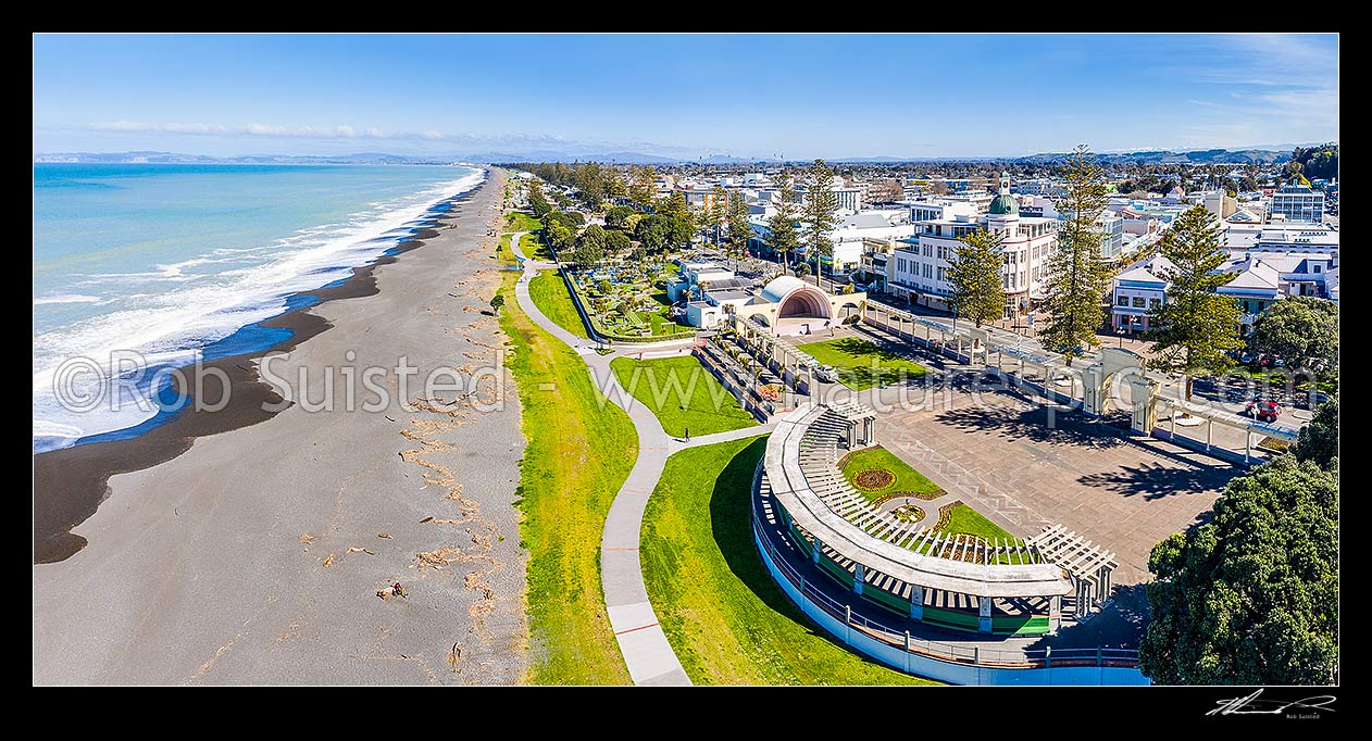 Image of Napier foreshore and Marine Parade, with landmarks inlcuding the Soundshell and T&G Building behind. Aerial panorama, Napier, Napier City District, Hawke's Bay Region, New Zealand (NZ) stock photo image