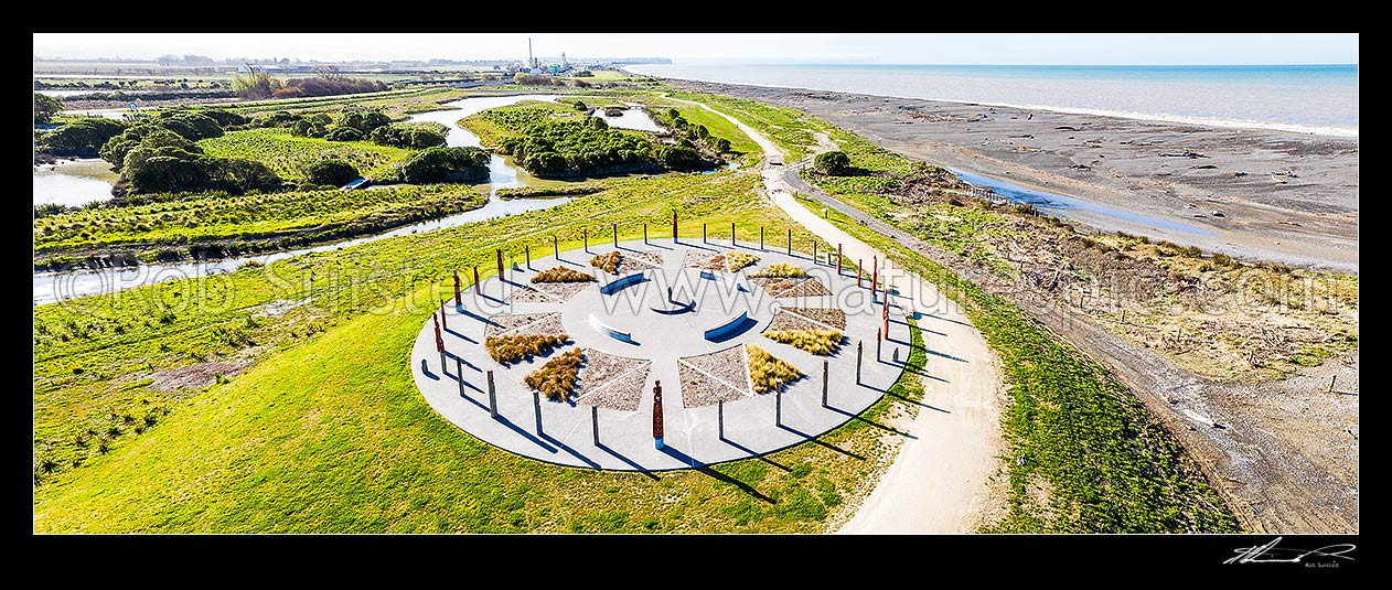 Image of Atea a Rangi, polynesian celestial star compass at Waitangi Regional Park Awatoto. Aerial panorama, Napier, Napier City District, Hawke's Bay Region, New Zealand (NZ) stock photo image