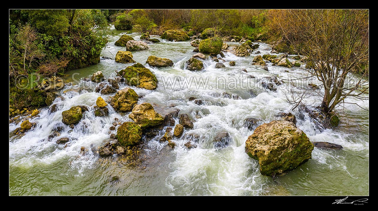 Image of Makuri River rapids in the Makuri Gorge Scenic Reserve, Northern Wairarapa. Panorama, Makuri, Tararua District, Manawatu-Wanganui Region, New Zealand (NZ) stock photo image