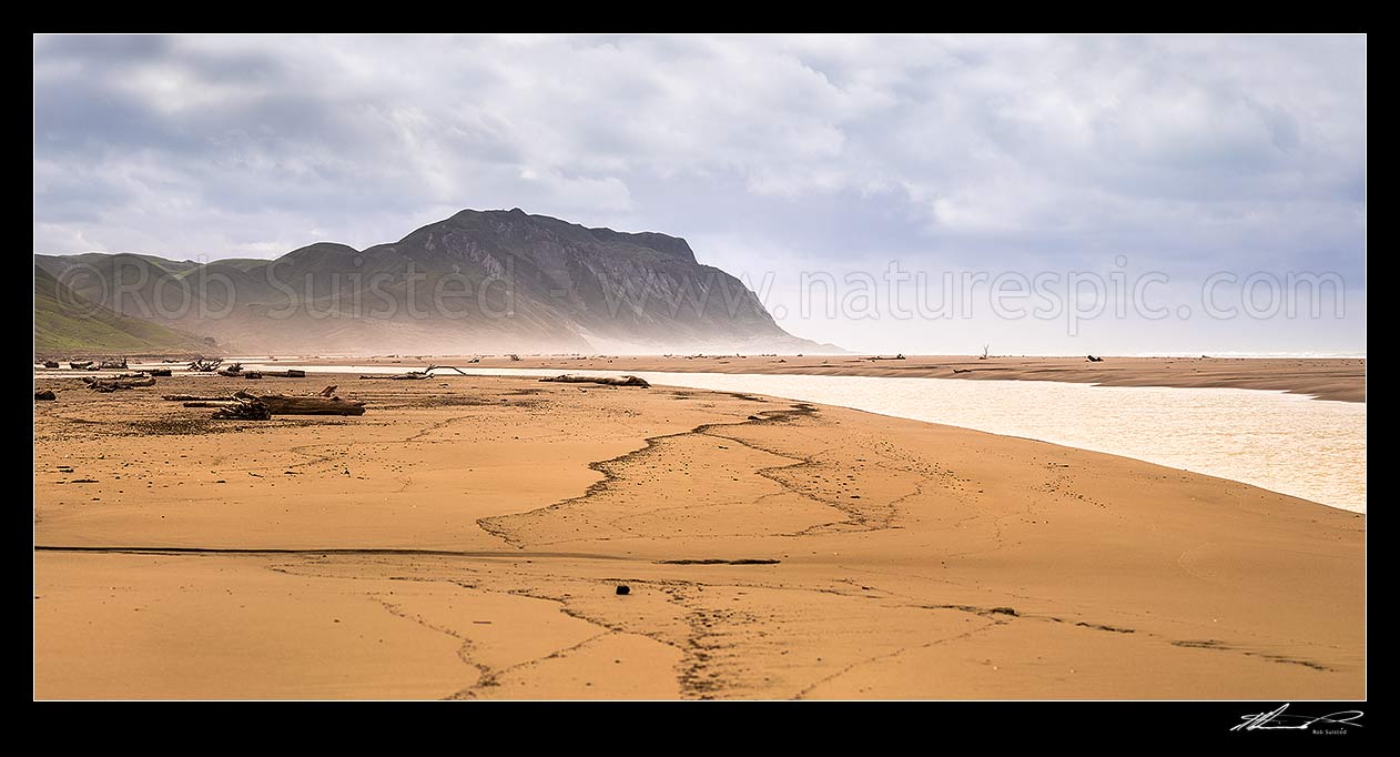 Image of Cape Turnagain, prominent headland off central Hawke's Bay, seen from Herbertville coast. Named by Captain James Cook in 1769 as the point he turned to head north. Panorama, Herbertville, Tararua District, Manawatu-Wanganui Region, New Zealand (NZ) stock photo image