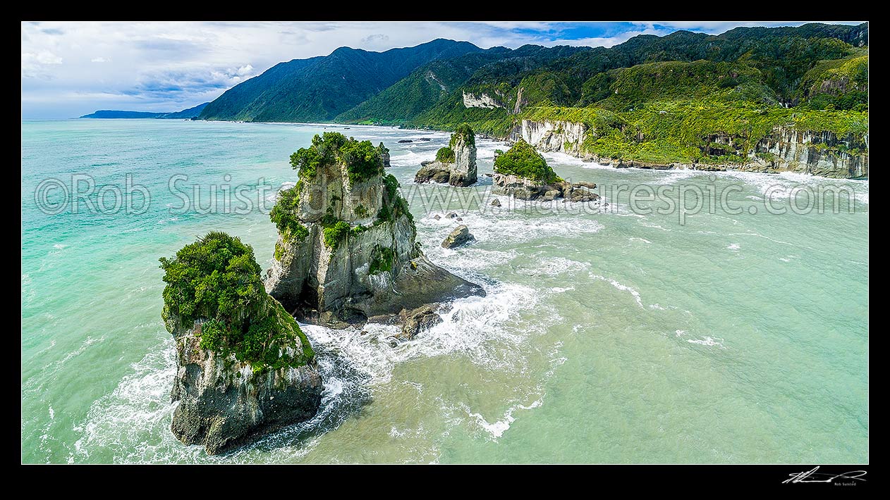 Image of Motukiekie Rocks on Rapahoe Coast north of Greymouth. Paparoa Range behind. Punakaiki Coast far left. Aerial panorama, Motukiekie, Grey District, West Coast Region, New Zealand (NZ) stock photo image