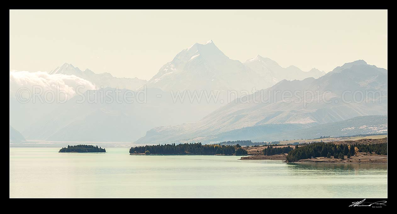 Image of Aoraki Mt Cook (3754m, centre) above Lake Pukaki. Tasman Valley above Morgans Island. Panorama, Aoraki / Mount Cook National Park, MacKenzie District, Canterbury Region, New Zealand (NZ) stock photo image