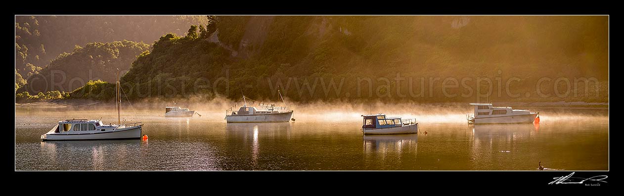 Image of Lake Waikaremoana, with boats moored in Te Karetu Inlet with morning mist hanging over the calm reflective lake. Te Urewera. Panorama, Waikaremoana, Wairoa District, Hawke's Bay Region, New Zealand (NZ) stock photo image