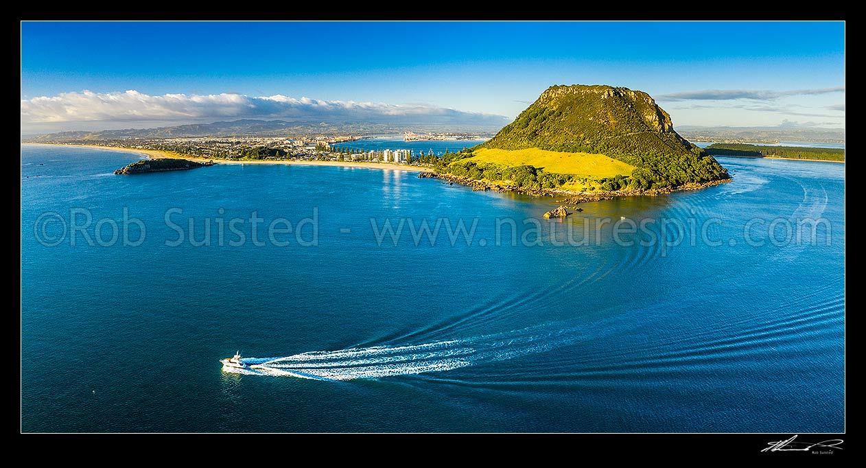 Image of Mt Maunganui Mauao, a 231m lava dome at Tauranga Harbour entrance, with a big game fishing boat leaving harbour mouth. Aerial panorama, Mount Maunganui, Tauranga District, Bay of Plenty Region, New Zealand (NZ) stock photo image