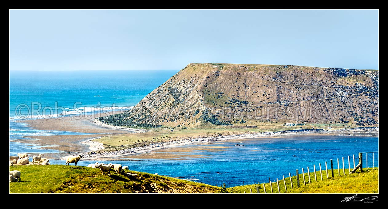 Image of Portland Island, also called Waikawa Island, a small island off the southern tip of the Mahia Peninsula at Ahuriri Point (foreground). Panorama, Mahia, Wairoa District, Hawke's Bay Region, New Zealand (NZ) stock photo image