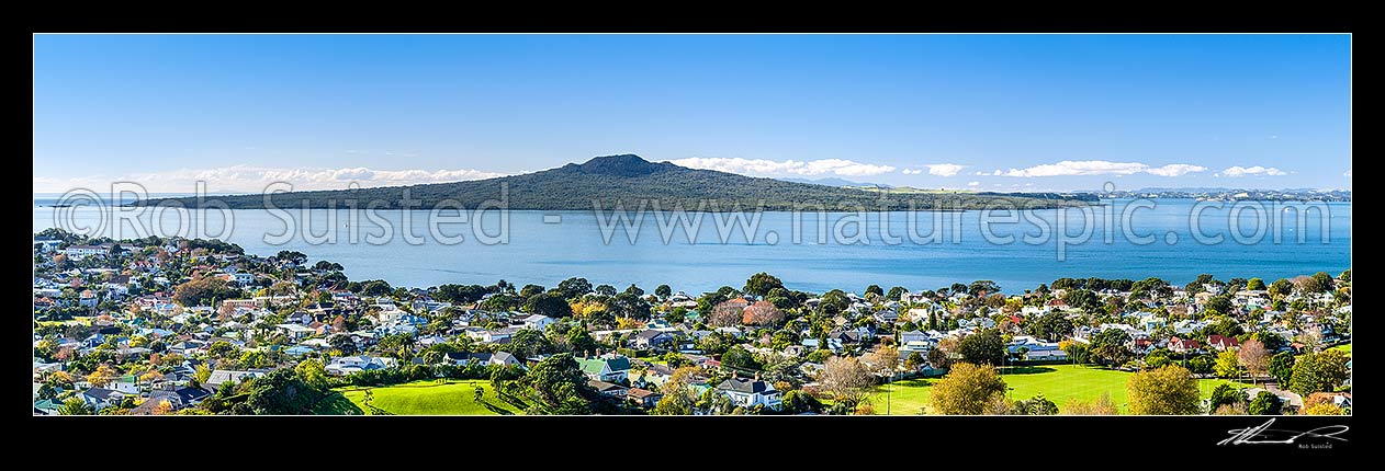 Image of Rangitoto Island in the Hauraki Gulf, seen from Devonport, looking over Cheltenham Beach and Rangitoto Channel. Motukorea Channel at right. Panorama, Devonport, Auckland City District, Auckland Region, New Zealand (NZ) stock photo image