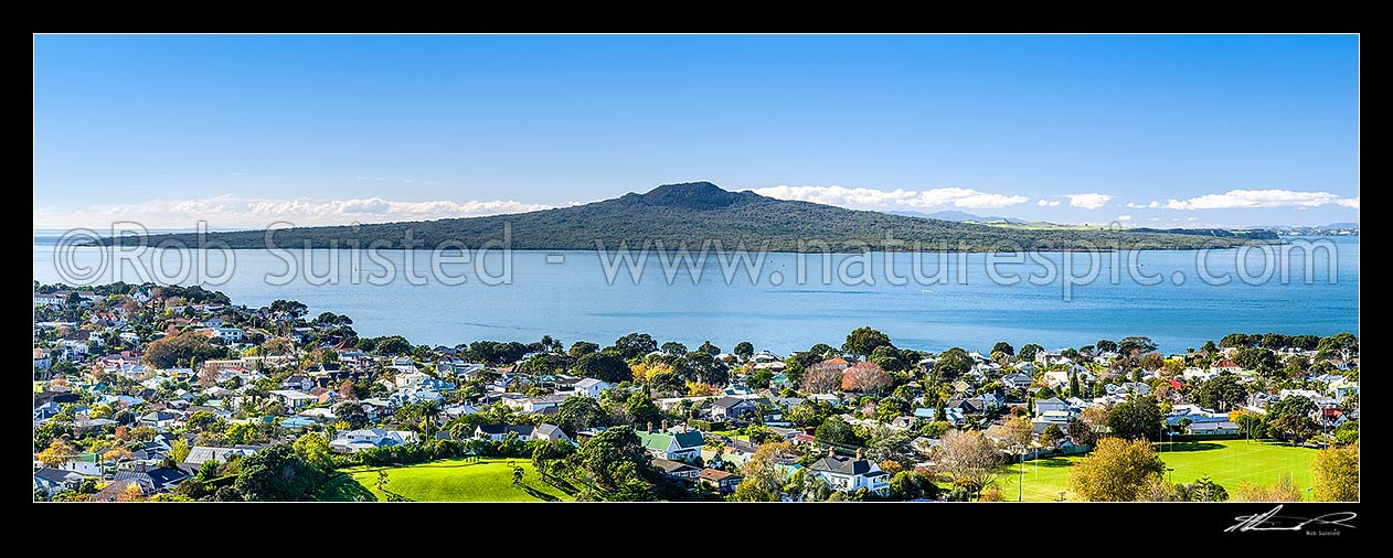 Image of Rangitoto Island in the Hauraki Gulf, seen from Devonport, looking over Cheltenham Beach and Rangitoto Channel. Panorama, Devonport, Auckland City District, Auckland Region, New Zealand (NZ) stock photo image