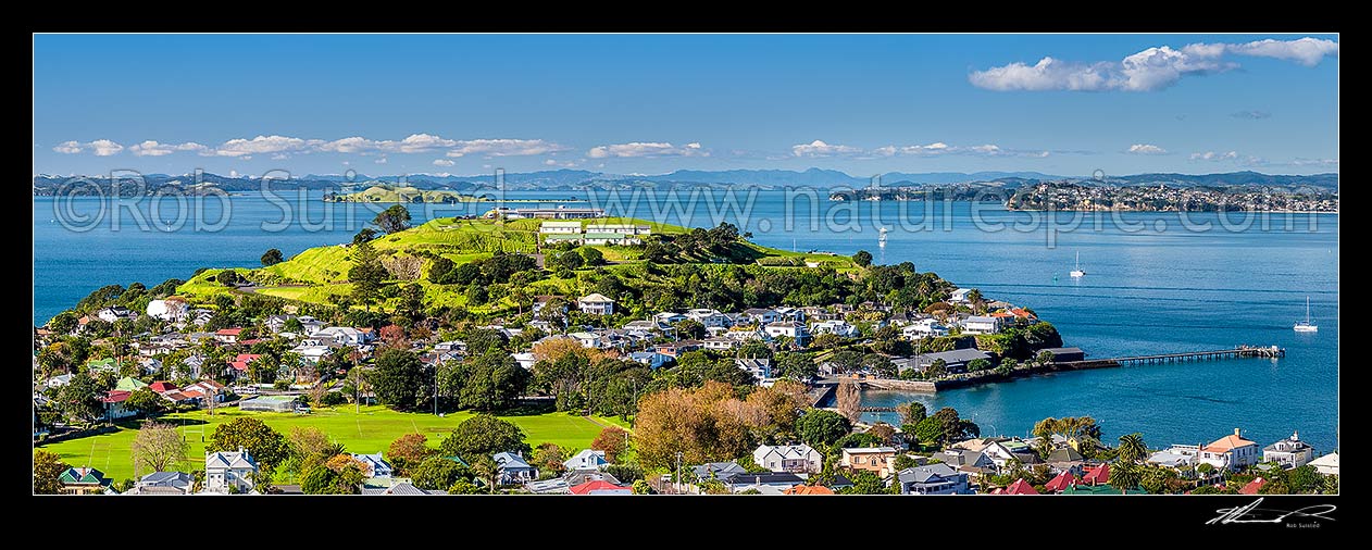 Image of North Head Historic Reserve above Devonport, with Hauraki Gulf and Motukorea Browns Island beyond. Torpedo Bay right. Panorama, Devonport, Auckland City District, Auckland Region, New Zealand (NZ) stock photo image