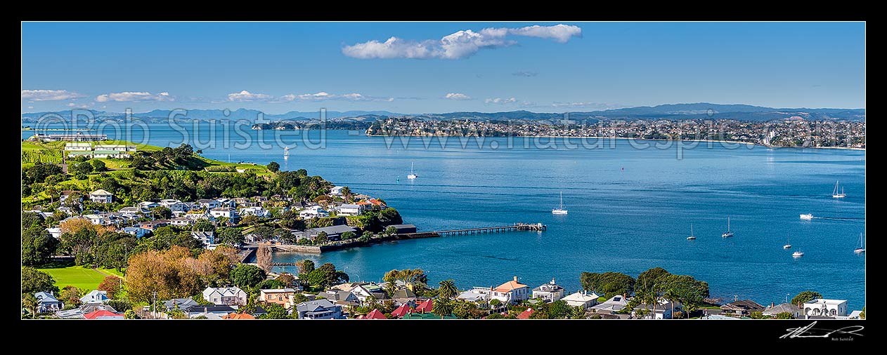 Image of North Head Historic Reserve (left) above Devonport, with Hauraki Gulf beyond. Torpedo Bay centre, with St Heliers Bay and Kohimarama beyond. Panorama, Devonport, Auckland City District, Auckland Region, New Zealand (NZ) stock photo image