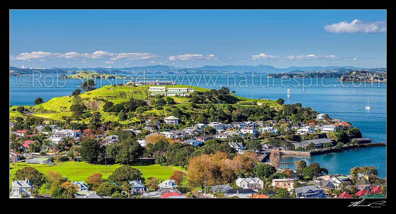 Image of North Head Historic Reserve above Devonport, with Hauraki Gulf and Motukorea Browns Island beyond. Panorama, Devonport, Auckland City District, Auckland Region, New Zealand (NZ) stock photo image