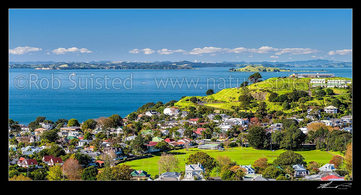 Image of North Head Historic Reserve (right) above Devonport, with Hauraki Gulf, Motuihe and Motukorea Browns Islands beyond. Panorama, Devonport, Auckland City District, Auckland Region, New Zealand (NZ) stock photo image