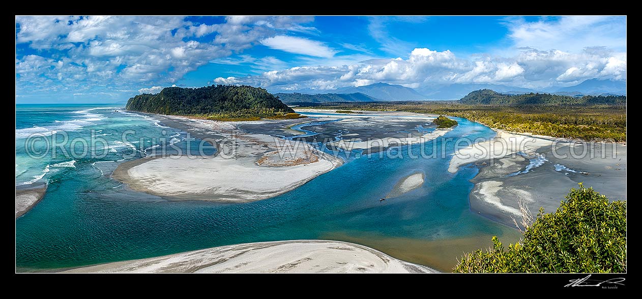 Image of Wanganui River mouth and Wanganui Heads seen from Mt Oneone (56m). Wanganui Bluff at left. Main Divide and Southern Alps behind. Panorama, Harihari, Westland District, West Coast Region, New Zealand (NZ) stock photo image