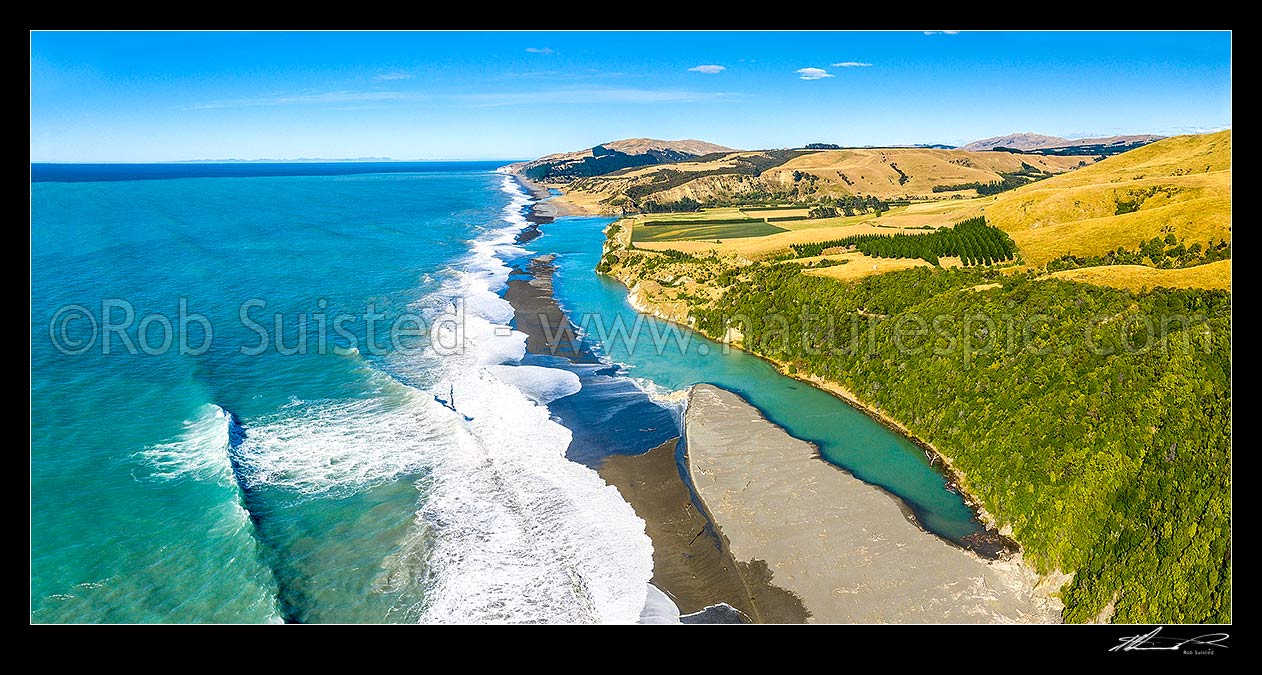 Image of Hurunui River mouth, aerial view looking south over coastal bar towards Napenape and Blythe River mount. Panorama. North Canterbury, Hurunui Mouth, Hurunui District, Canterbury Region, New Zealand (NZ) stock photo image