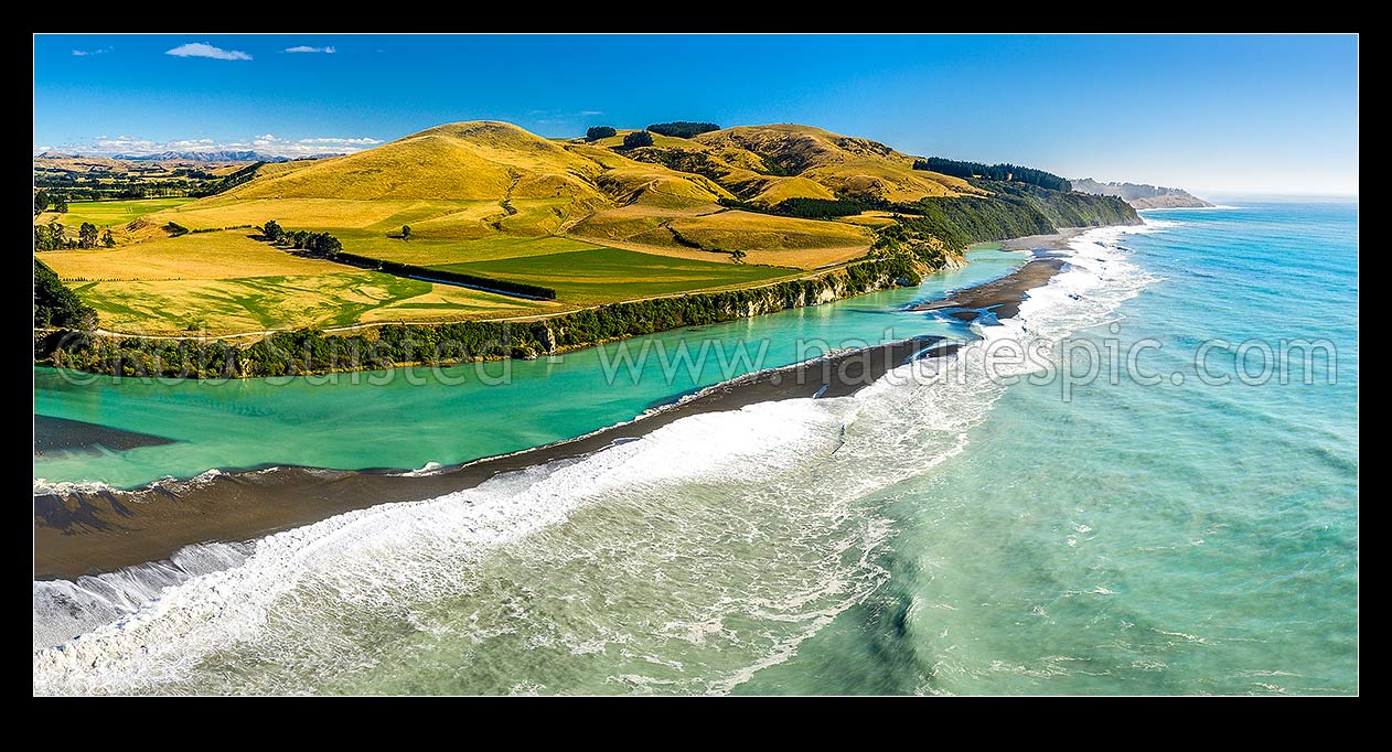 Image of Hurunui River mouth aerial panorama looking north along bar towards Manuka Bay and Point Gibson. North Canterbury, Hurunui Mouth, Hurunui District, Canterbury Region, New Zealand (NZ) stock photo image