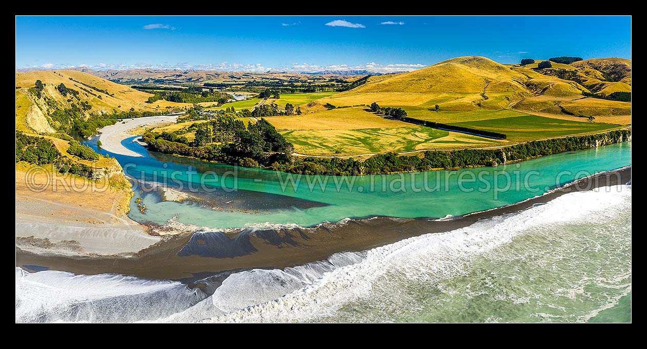 Image of Hurunui River mouth panorama, aerial view looking inland towards Domett and surrounding farmland North Canterbury, Hurunui Mouth, Hurunui District, Canterbury Region, New Zealand (NZ) stock photo image