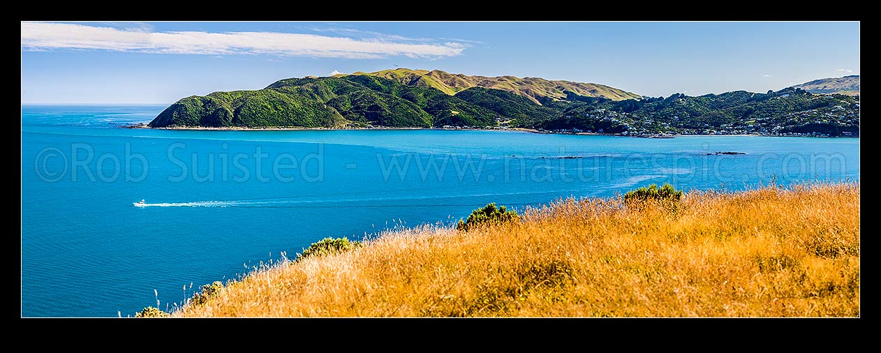 Image of Boat leaving Porirua Harbour, between Titahi Bay and Plimmerton. Te Rewarewa Point, Hongoeka Bay, Karehana Bay and Plimmerton (right) behind. Panorama, Titahi Bay, Porirua City District, Wellington Region, New Zealand (NZ) stock photo image