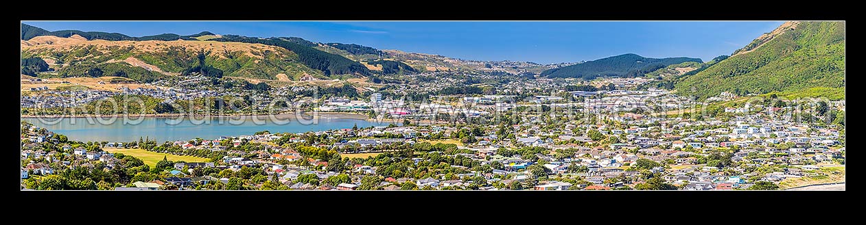 Image of Porirua City and harbour panorama, seen from above Titahi Bay. Kenepuru and Linden centre, Elsdon and Takapuwahia right, Porirua, Porirua City District, Wellington Region, New Zealand (NZ) stock photo image