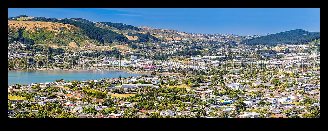 Image of Porirua City and harbour panorama, seen from above Titahi Bay. Kenepuru and Linden centre, Elsdon and Takapuwahia right, Porirua, Porirua City District, Wellington Region, New Zealand (NZ) stock photo image