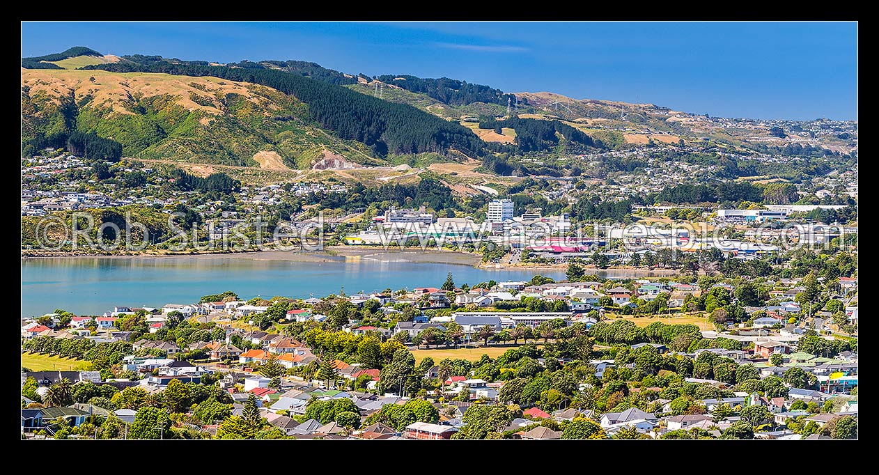 Image of Porirua City and harbour, seen from above Titahi Bay. Kenepuru and Linden above right, Porirua, Porirua City District, Wellington Region, New Zealand (NZ) stock photo image