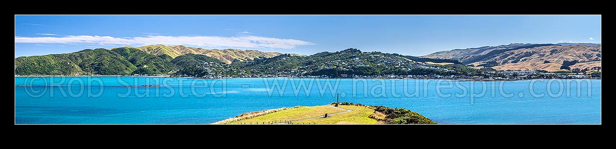 Image of Plimmerton vista, looking from Hongoeka Bay (left), Karehana Bay, and Plimmerton (right), seen from Whitireia Park above Onehunga Bay. Panorama, Plimmerton, Porirua City District, Wellington Region, New Zealand (NZ) stock photo image