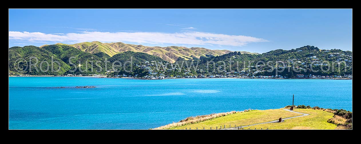 Image of Plimmerton vista, looking from Hongoeka Bay (left), Karehana Bay (centre right), seen from Whitireia Park above Onehunga Bay. Panorama, Plimmerton, Porirua City District, Wellington Region, New Zealand (NZ) stock photo image