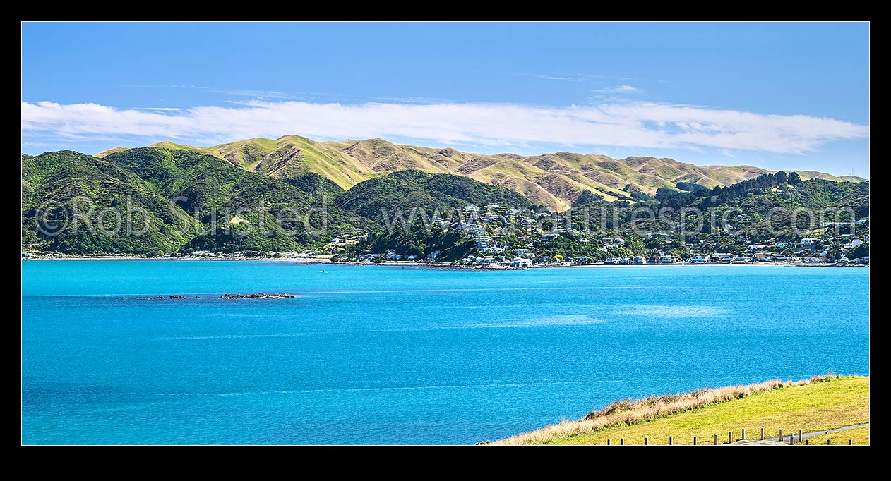 Image of Plimmerton vista, looking from Hongoeka Bay (left), Karehana Bay (right), seen from Whitireia Park above Onehunga Bay. Panorama, Plimmerton, Porirua City District, Wellington Region, New Zealand (NZ) stock photo image