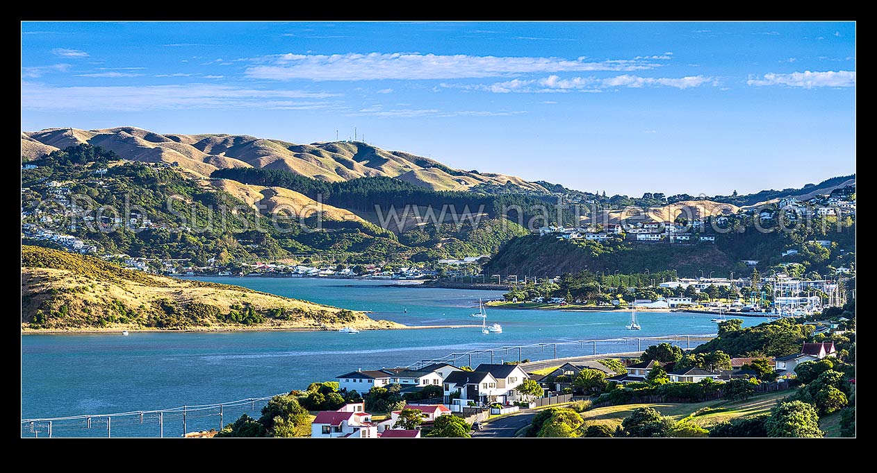 Image of Porirua Harbour view from Aotea. Looking north past Papakowhai to Mana, Plimmerton Beach (centre) and Camborne. Panorama, Paremata, Porirua City District, Wellington Region, New Zealand (NZ) stock photo image