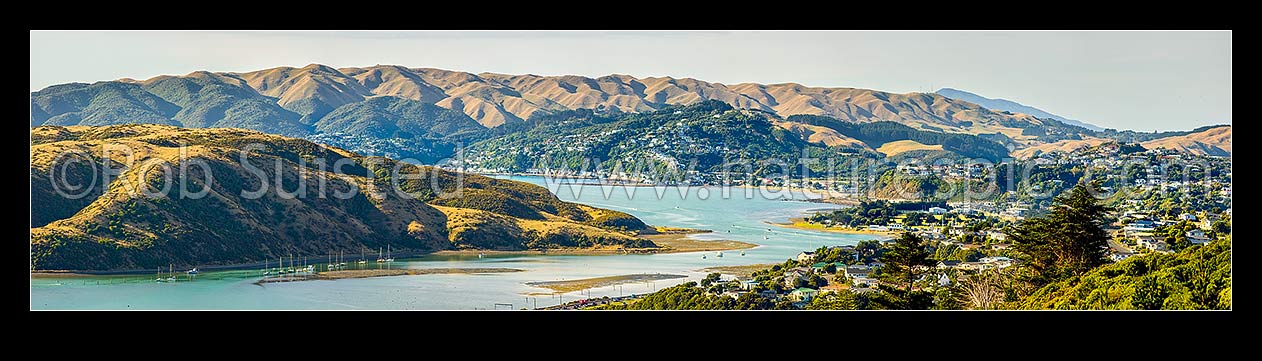 Image of Porirua Harbour view from Aotea. Looking north past Papakowhai to Mana (right), Plimmerton (centre) and Whitireia Park at left. Panorama, Paremata, Porirua City District, Wellington Region, New Zealand (NZ) stock photo image