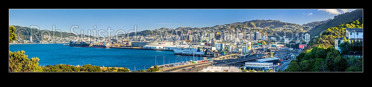 Image of Wellington City seen from Kaiwharawhara. Wellington Harbour and Port left, CBD centre, and Thorndon right. Panorama, Kaiwharawhara, Wellington City District, Wellington Region, New Zealand (NZ) stock photo image