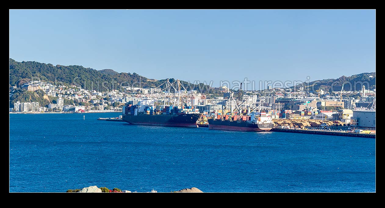 Image of Wellington City, Harbour and Port seen from Kaiwharawhara. Mount Victoria at left. Panorama, Kaiwharawhara, Wellington City District, Wellington Region, New Zealand (NZ) stock photo image