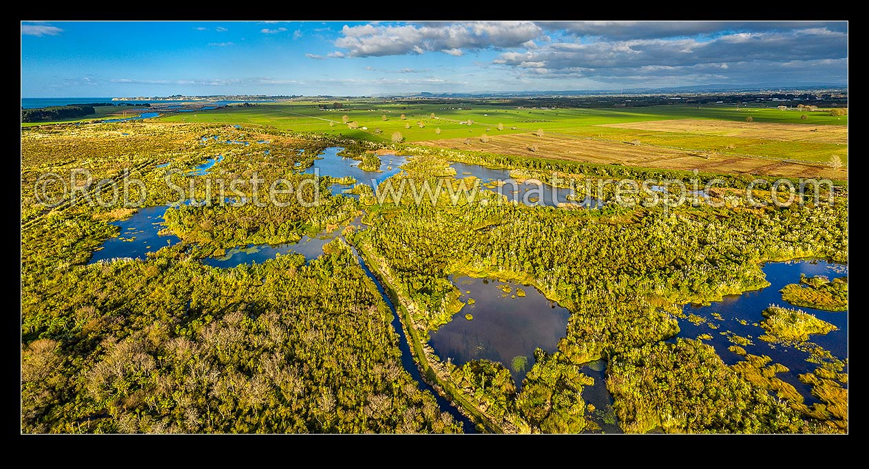 Image of Kaituna wetlands beside dairy farmland. Maketu township in left distance. Aerial panorama, Te Puke, Western Bay of Plenty District, Bay of Plenty Region, New Zealand (NZ) stock photo image